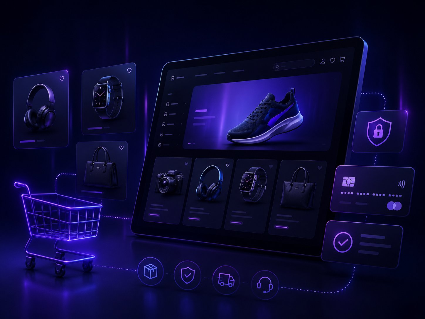 E-commerce store interface with products, cart, and secure checkout