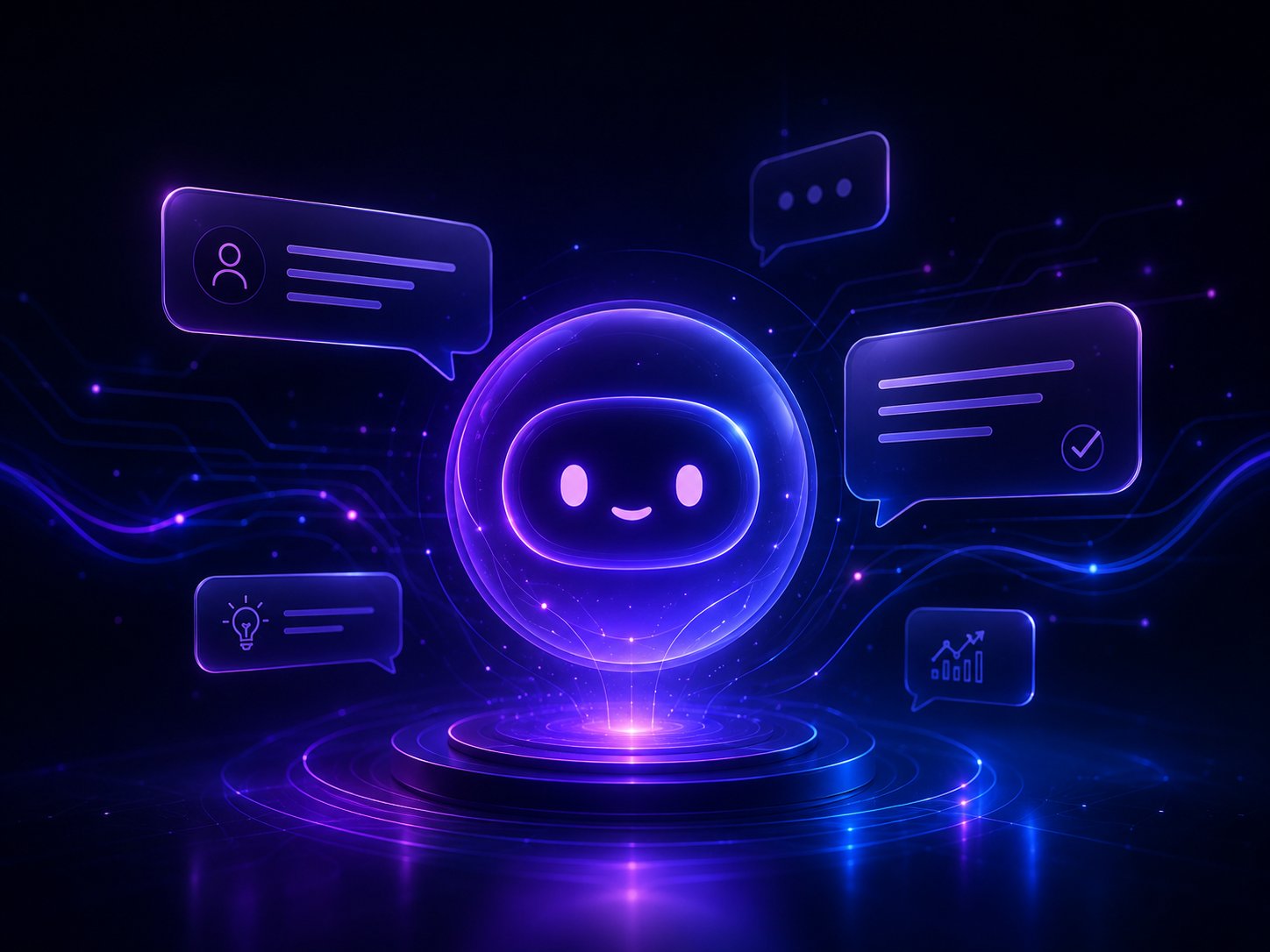 Friendly AI chatbot assistant surrounded by chat bubbles